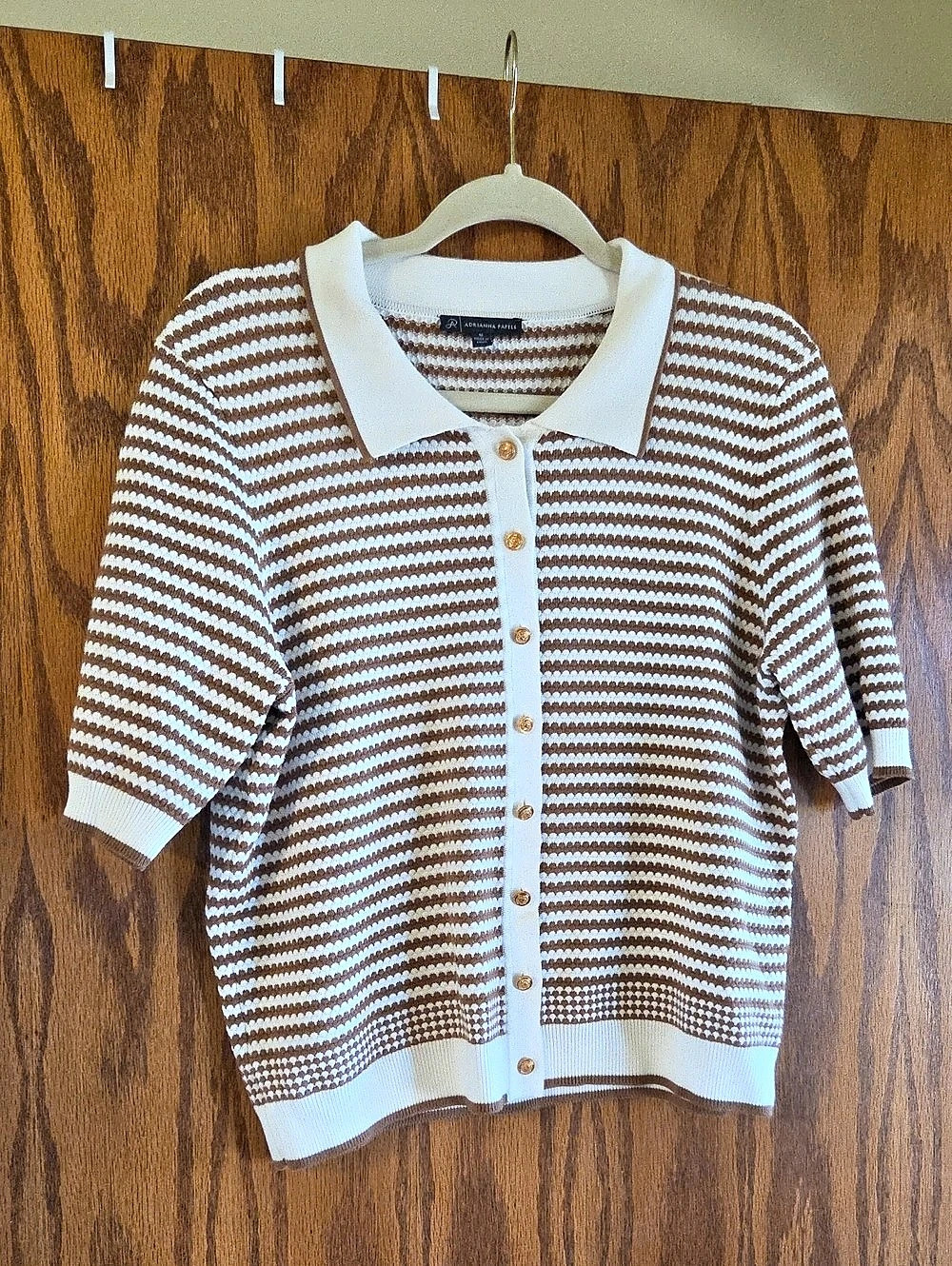 Adrianna Papell Striped Polo Cardigan in Brown & White Size Medium